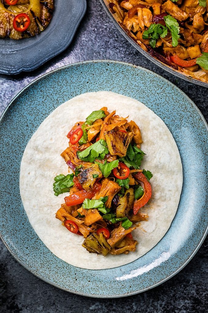 vegan jackfruit “pulled pork” tacos with grilled pineapple from supergolden bakes