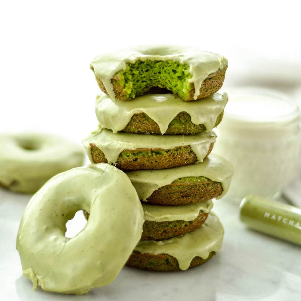 Baked Paleo Spinach Donuts With Matcha Glaze.
