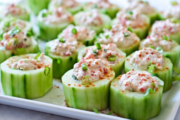 Cucumber Cups Stuffed with Spicy Crab by Domestic Fits