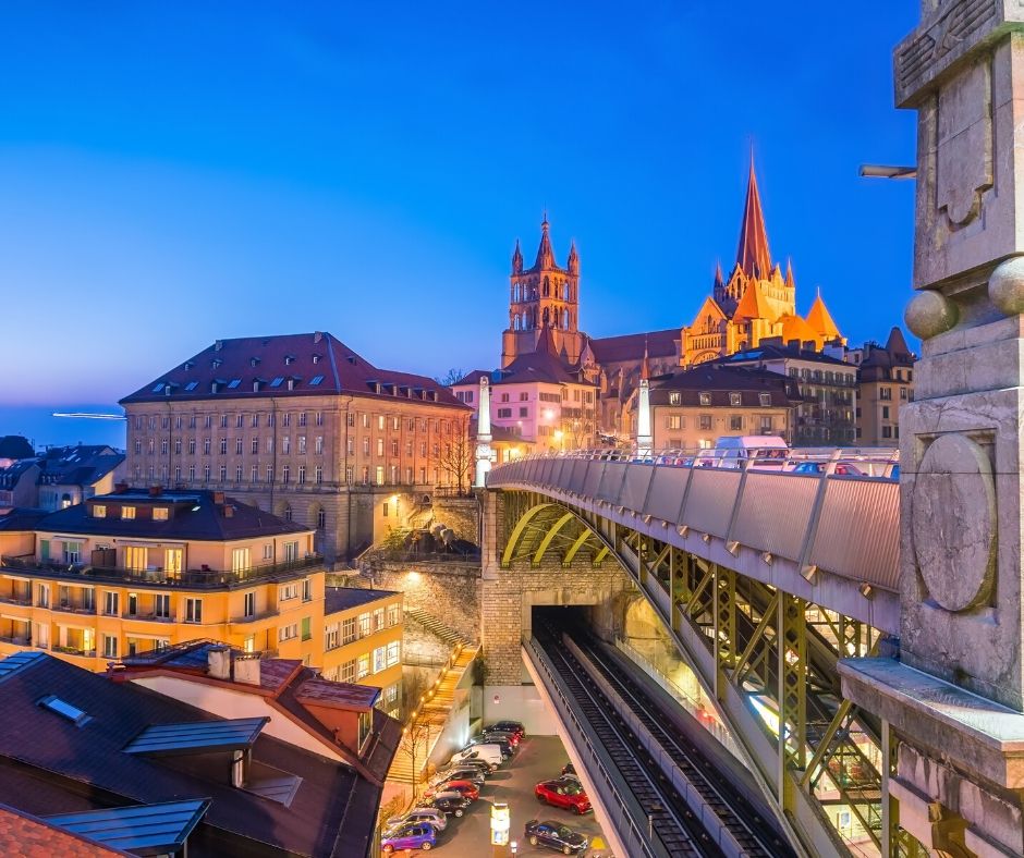 Downtown Lausanne city skyline in Switzerland