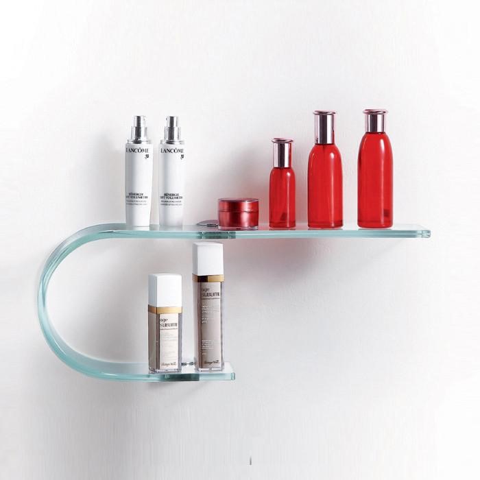 Amazing wall mounted bent glass shelves to place makeup stuff